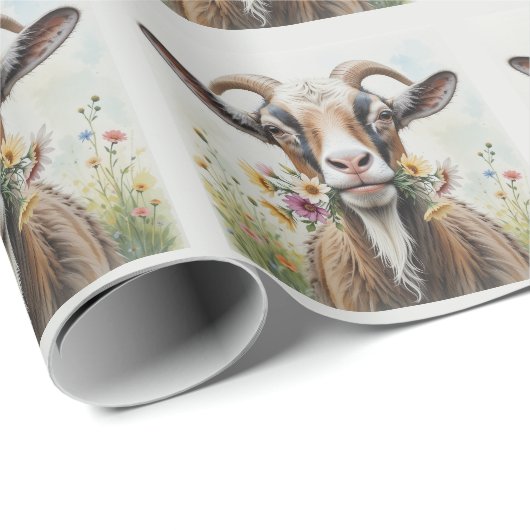 花付きオールドヤギおもしろいノベルティ動物模様 ラッピングペーパー (ロールコーナー)
