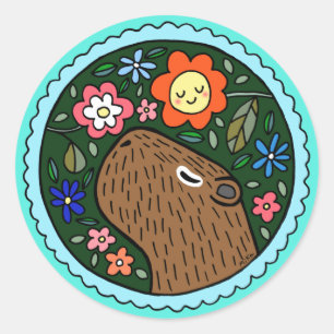 花付きカピバラカワイハッピーカピバラギフト ラウンドシール