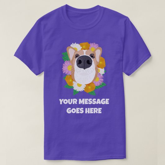 花付きコルギパーソナライズされた犬 Tシャツ (デザイン正面)