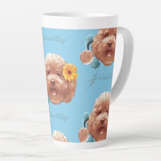 花付きトイプードル及び電話イラストレーション カフェラテマグ (右アングル)