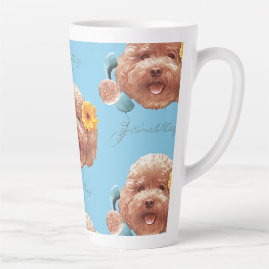 花付きトイプードル及び電話イラストレーション カフェラテマグ (右)