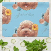 花付きトイプードル及び電話イラストレーション キッチンタオル (折り畳み)