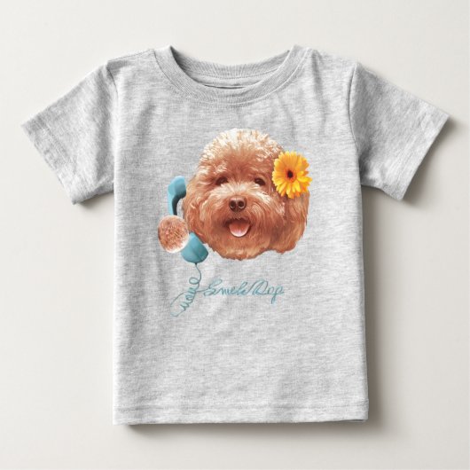 花付きトイプードル及び電話イラストレーション ベビーTシャツ (正面)