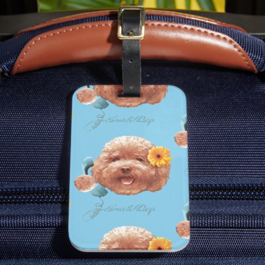 花付きトイプードル及び電話イラストレーション ラゲッジタグ (正面インサイチュ2)