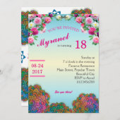 花付きマンカラフルダラ誕生日招待状 招待状 (正面/裏面)