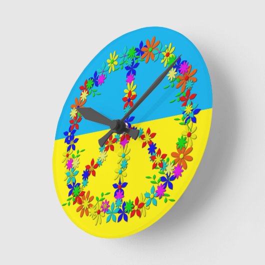 花付き平和記号、ウクライナ国旗のボタンワット ラウンド壁時計 (傾斜)