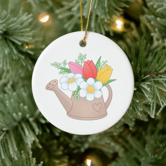 花付き庭散水缶 セラミックオーナメント (ツリー)