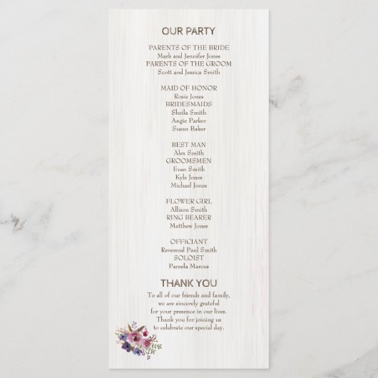 花付き木のスライス ウェディング プログラム (裏面)