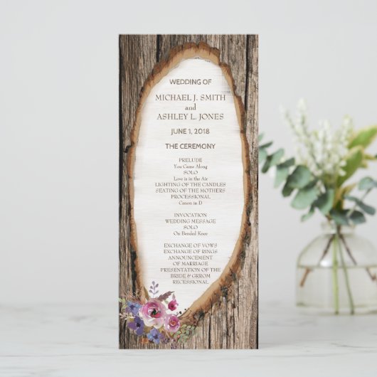 花付き木のスライス ウェディング プログラム (スタンド正面)