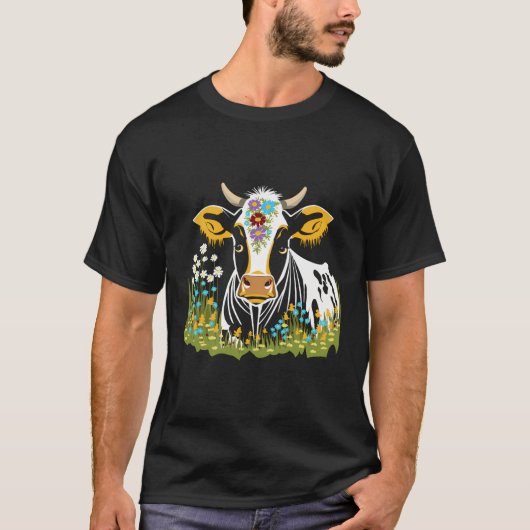 花付き牛動物 Tシャツ (正面)