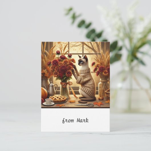 花付き猫の季節の挨拶秋 シーズンポストカード (スタンド正面)