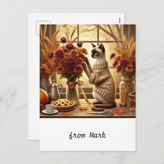 花付き猫の季節の挨拶秋 シーズンポストカード (正面/裏面)