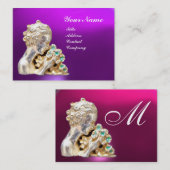 花付き若い女の子モノグラム金ゴールド、ピンク明るい赤紫色 名刺 (正面/裏面)
