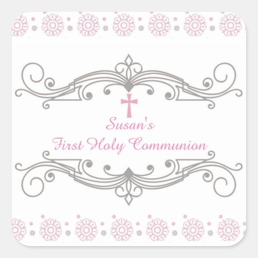 花付き装飾用スクロール、ピンクの十字架 スクエアシール (正面)