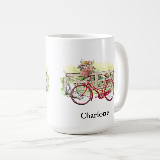 花付き赤いバイクウォーターカラーパーソナライズされた コーヒーマグカップ (正面右)