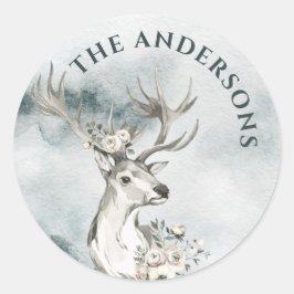 花付き鹿の水彩小さな丸いラベル ラウンドシール