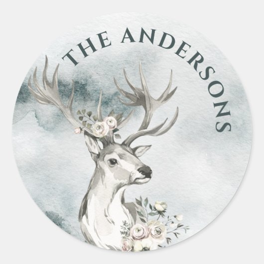 花付き鹿の水彩小さな丸いラベル ラウンドシール (正面)