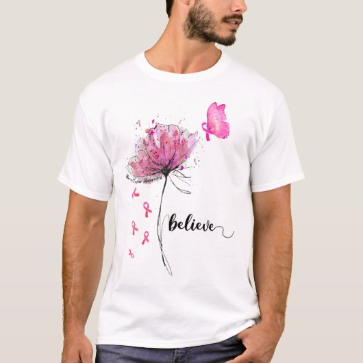 花信じ蝶ピンクリボン乳癌 Tシャツ (正面)