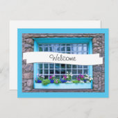 花写真付き青い窓箱カスタム ポストカード (正面/裏面)