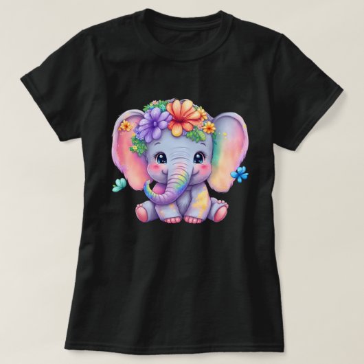 花冠と蝶を持つ虹色の象 Tシャツ (デザイン正面)