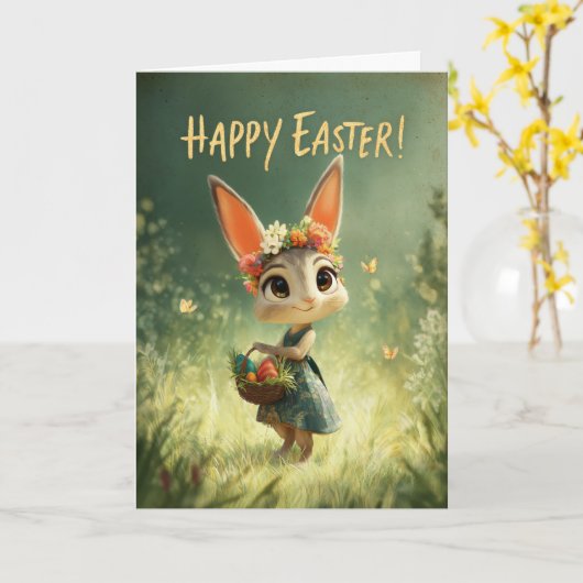 花冠のウサギちゃん イースターのバスケットと春の草原のカード カード (黄色い花)
