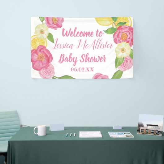 花冠の女の子 ピンクのバラ 黄色のレモン ベビーシャワー 横断幕 (トレードショー)