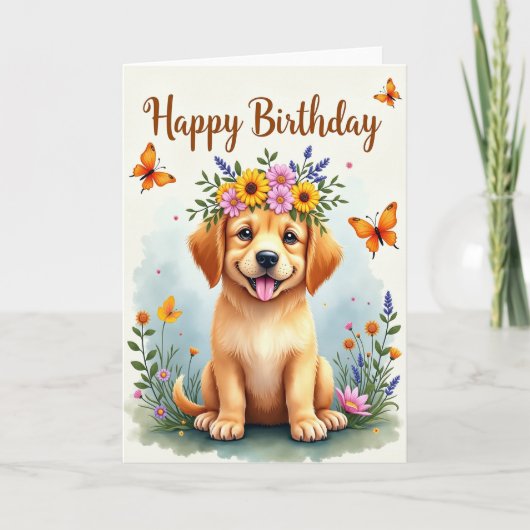 花冠の子犬の誕生日カード カード (正面)