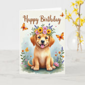 花冠の子犬の誕生日カード カード (黄色い花)