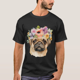 花冠の水彩パグ Tシャツ