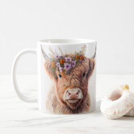 花冠をかぶったハイランドカウの水彩画イラスト コーヒーマグカップ