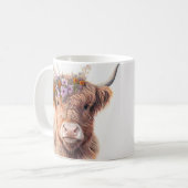 花冠をかぶったハイランドカウの水彩画イラスト コーヒーマグカップ (正面左)