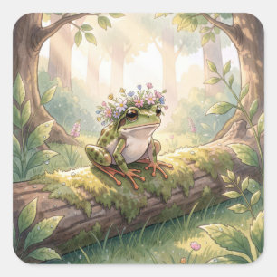 花冠をかぶったフクロウがいる森 スクエアシール