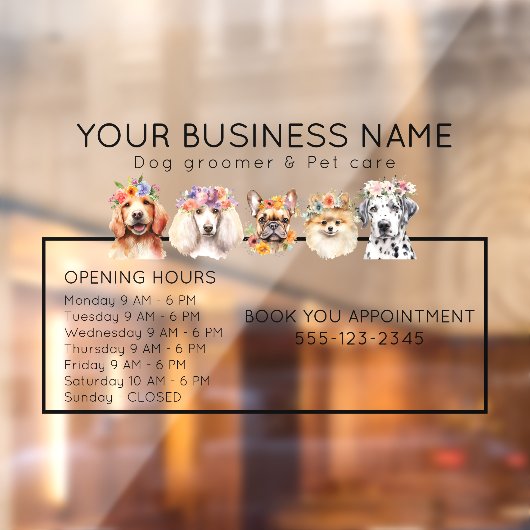 花冠をかぶった愛らしい犬の営業時間 ウィンドウサイン (シート2)