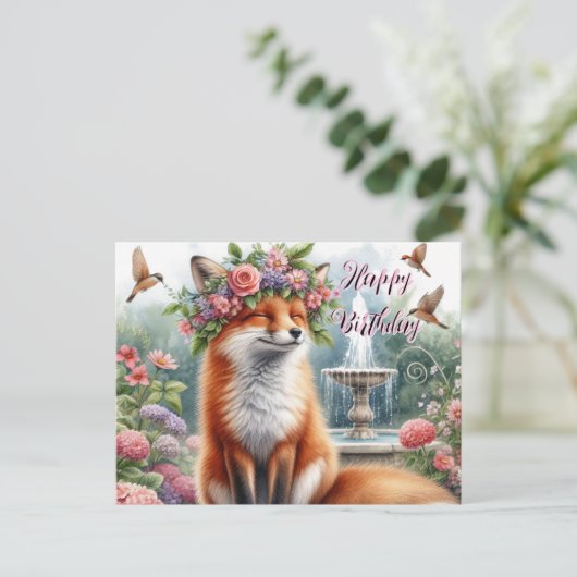 花冠を被ったかわいい狐の誕生日ポストカード ポストカード (スタンド正面)