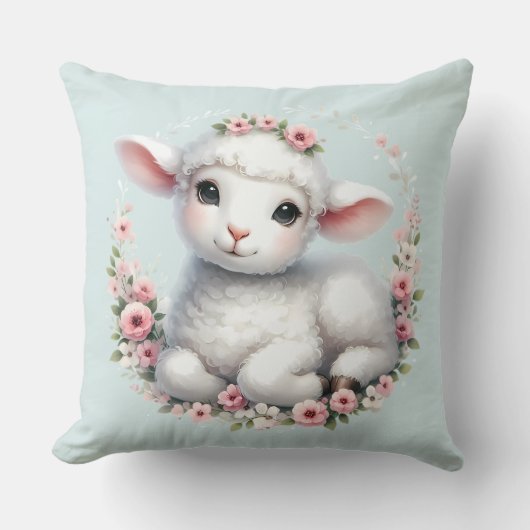 花冠を被ったかわいい羊のイラスト クッション (正面)