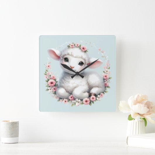 花冠を被ったかわいい羊のイラスト スクエア壁時計 (ホーム)