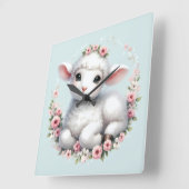 花冠を被ったかわいい羊のイラスト スクエア壁時計 (傾斜)