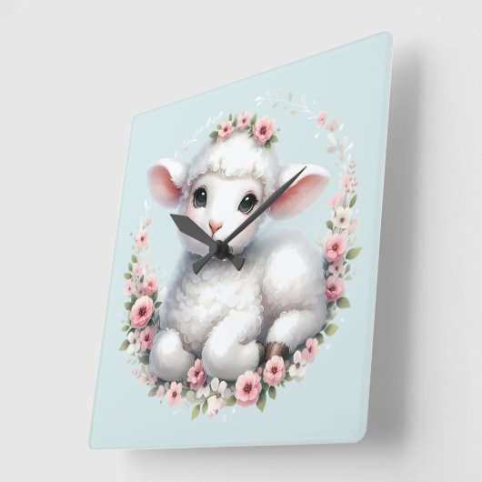 花冠を被ったかわいい羊のイラスト スクエア壁時計 (傾斜)