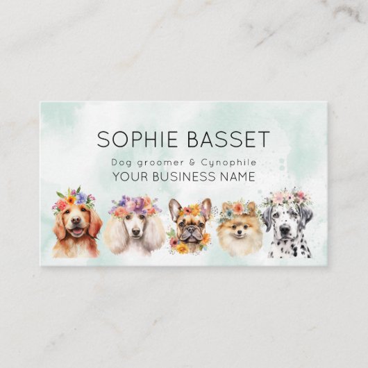 花冠、水彩グリーンの愛らしい犬 名刺 (正面)