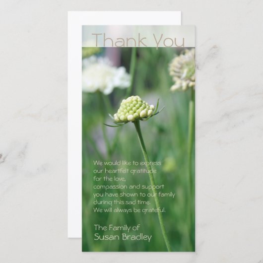 花分野の花の写真の悔やみや弔慰は感謝していしています サンキューカード (正面/裏面)