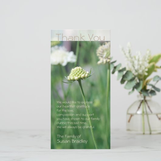 花分野の花の写真の悔やみや弔慰は感謝していしています サンキューカード (スタンド正面)