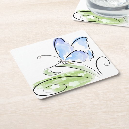 花分野上の草に坐っている蝶 スクエアペーパーコースター (アングル)