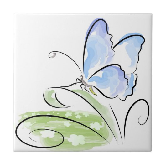 花分野上の草に坐っている蝶 タイル (正面)