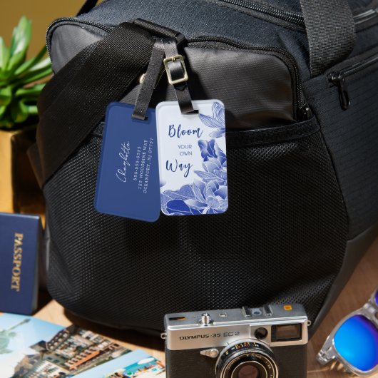 花前向き引用文ブルーフラワーズロータスリリー ラゲッジタグ (正面&裏面)