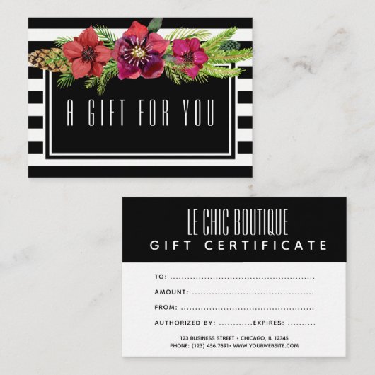 花及びストライプなクリスマスのプレゼントの証明書 割引カード (正面/裏面)