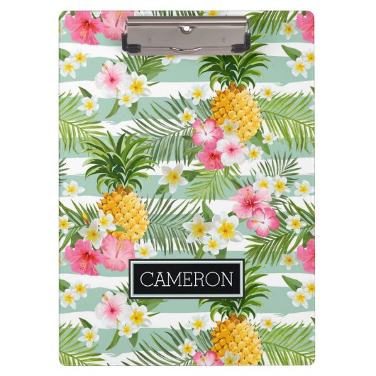 花及びパイナップルティール(緑がかった色)は|を加えますあなたの名前を縞で飾ります クリップボード (正面)