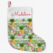 花及びパイナップルティール(緑がかった色)は|を加えますあなたの名前を縞で飾ります スモールクリスマスストッキング (正面)