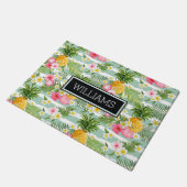 花及びパイナップルティール（緑がかった色）は|を加えますあなたの名前を縞で飾ります ドアマット (アングル)