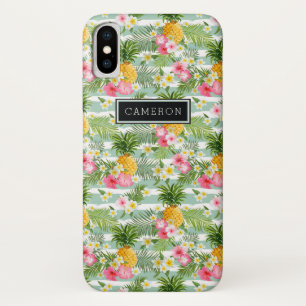花及びパイナップルティール(緑がかった色)は を加えますあなたの名前 iPhone X ケース