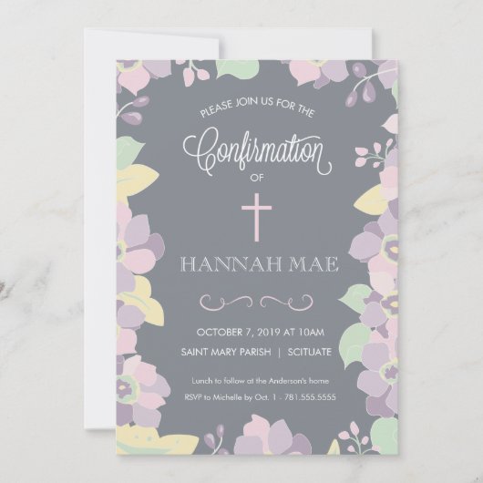 花及び十字が付いている確認の招待状カード 招待状 (正面)